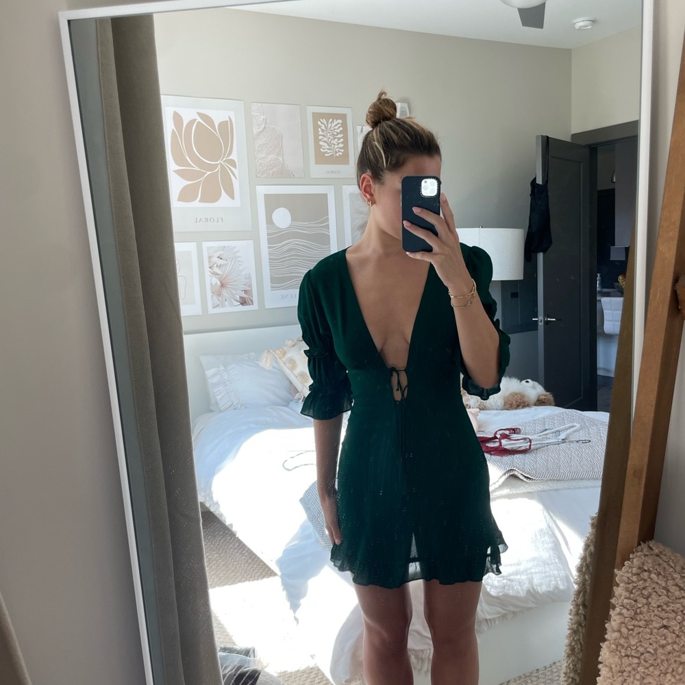 Reformation Green Laurelei Ruffle-trimmed Chiffon Mini Dress, Size 6.